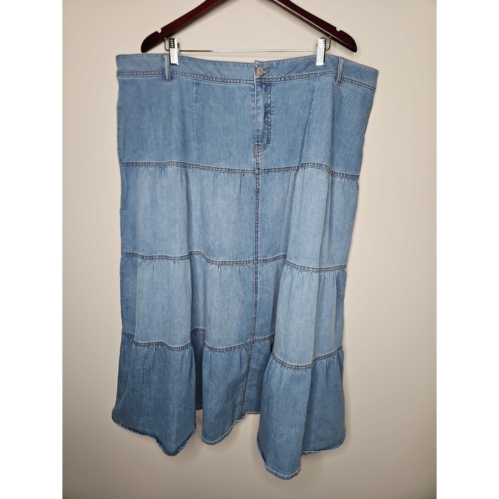 Cato Tiered Jean Skirt 24W Chambray Prairie Country Boho Cotton Stretch Midi - Picture 2 of 11